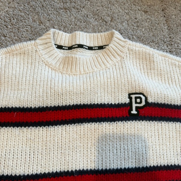 Pink Victoria’s Secret Stripe Cream Crewneck Letterman Sweater Size Large - Picture 2 of 10